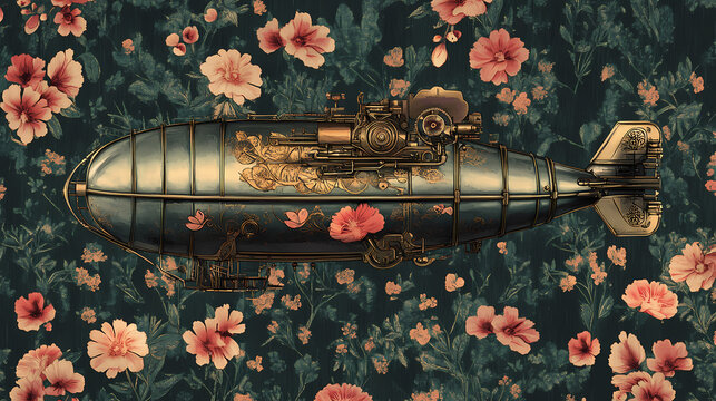 Dirigible airship in floral springtime pattern with brass contraptions. Steampunk Airship Voyage. Illustration