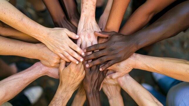 Diverse hands joined together in a circle, forming a powerful symbol of unity and INCLUSION The hands