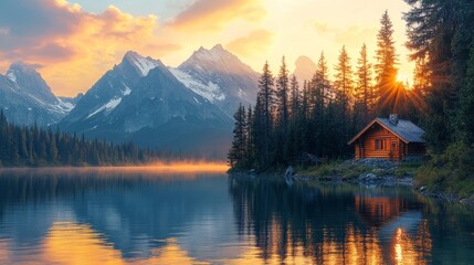 Fototapeta premium Serene lakeside cabin at sunset with majestic mountain backdrop