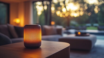 Smart speaker illuminating cozy modern living room at sunset