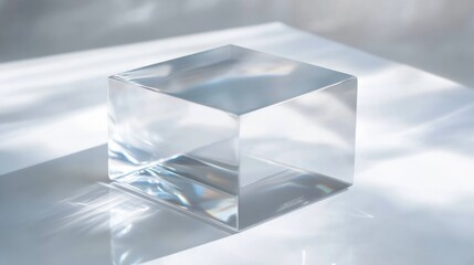 A square, transparent plastic box with glossy reflections, sitting on a polished white surface , ice on white