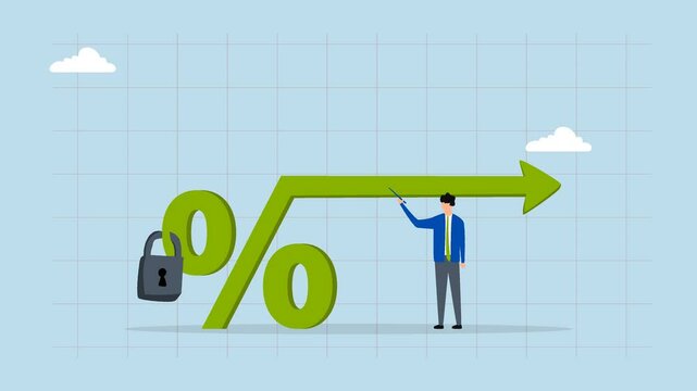 Fixed interest rate, 4k animation of businessman property proprietor with constant percentage symbol. 