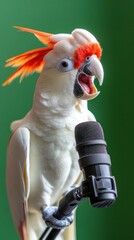 A Parrot Holding a Microphone with its Claws, Funny Talking Bird. 