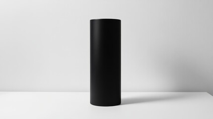 A tall, cylindrical box with a matte black finish, standing upright on a clean white surface