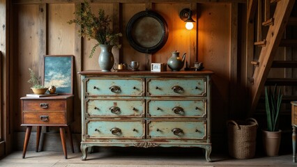 Fototapeta premium A charming antique retro dresser styled with brass details and vintage decor.