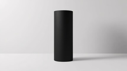 A tall, cylindrical box with a matte black finish, standing upright on a clean white surface