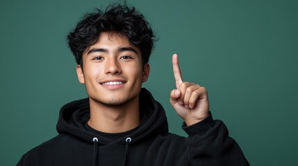 Young man pointing upward, cheerful expression, casual black jacket, green background, studio portrait, positive energy, friendly vibe, motivational pose