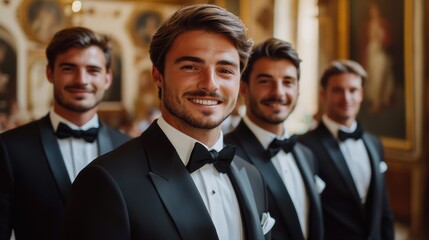 Group of men in tuxedos smiling at formal event, luxury setting, elegant suits, wedding groomsmen, celebration, black tie, polished, confidence, happy