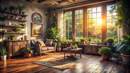 Vintage Style Photography of a Cozy Room Featuring a Rustic Wooden Floor and an Elegant Window Overlooking a Scenic Outdoor View, Ideal for Home Decor Inspiration