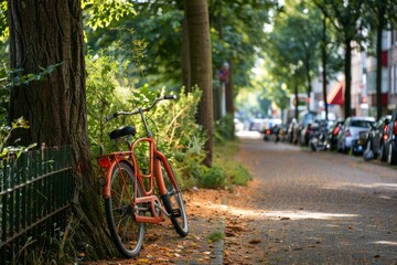 Obraz premium Red vintage bicycle is leaning against a tree on a quiet residential street on a sunny summer day