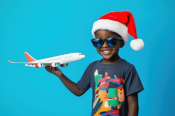 Obraz premium Cheerful boy in a Santa hat and sunglasses holding a toy airplane against a bright blue background. Perfect for holiday travel campaigns, festive promotions, or children's holiday content