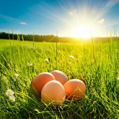 Fresh eggs in the meadow in spring