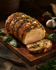 rustic roasted pork loin with herbs and garlic, beautifully presented on a wooden board