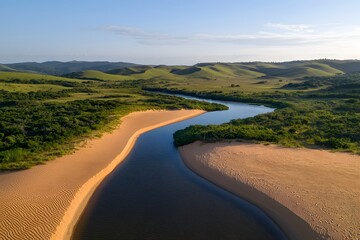 Sandy Dunes Meeting Water with Lush Green Forest – Aerial View, Coastal Landscape, and Natural Beauty