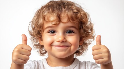 Smiling blonde toddler giving two thumbs up, wearing plaid shirt, white background, cheerful expression, happy child, innocent charm, positive vibes, studio shot