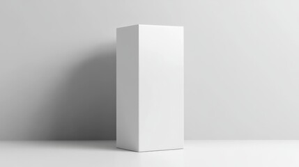 A tall rectangular white box with a glossy surface, standing upright on a smooth white surface