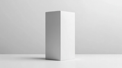 A tall rectangular white box with a glossy surface, standing upright on a smooth white surface
