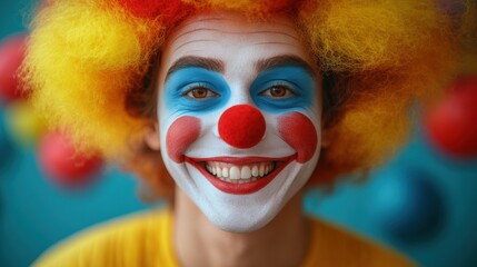Colorful clown with painted face and big red nose, wearing a bright yellow wig, joyful expression, festive balloons in the background, playful circus vibe, happy atmosphere