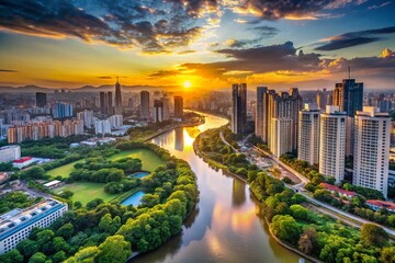 Fototapeta premium Aerial View of a Cityscape Above a Meandering River During Golden Hour, Showcasing Modern Architecture and Lush Greenery in a Serene Urban Landscape