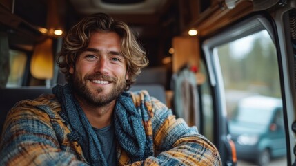 Smiling man in a cozy van interior, relaxed and adventurous vibe, road trip journey, casual lifestyle, happiness, and warmth during comfortable travel moments