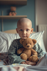 Little bald child holding a teddy bear. Small patient with oncology in a hospital. A little boy with cancer, after chemotherapy.