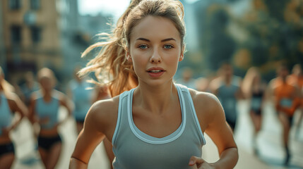 Fototapeta premium Beautiful fitness woman jogging in the morning. Looks at the camera.