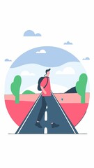 Obraz premium Illustration of a traveler walking on a road with scenic landscape and clear sky