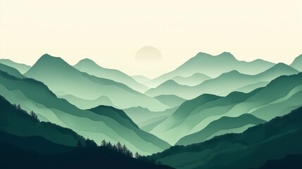 Fototapeta premium Serene green landscape featuring layers of mountains at sunrise with a soft, peaceful atmosphere and minimalist design