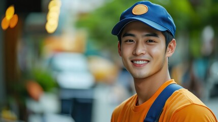 Smiling man in blue cap and orange shirt outdoors, cheerful energy, natural lighting, urban street setting, casual fashion, modern friendly vibe, happiness