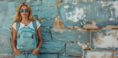 Charming blonde in jeans and a T-shirt. Looking at the fireplace. Against the background of an old wall. Space for text.