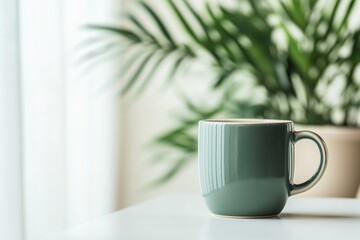 Obraz premium Green ceramic coffee mug on white table with blurred green plant background in bright natural light creating cozy atmosphere