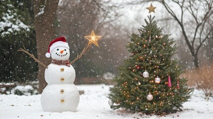 Fototapeta premium Christmas snowman and decorated tree