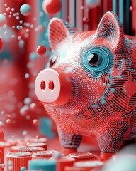 Futuristic abstract piggy bank in vibrant red and blue colors surrounded by digital currency symbols and 3D geometric shapes
