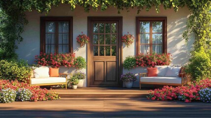 Obraz premium Cozy porch with vibrant colorful flowers in pots, inviting seating, brick walls, sunny garden view, peaceful relaxation, countryside ambiance, blooming nature, home décor inspiration