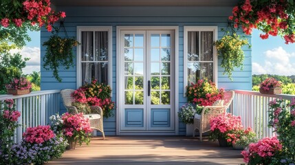 Cozy porch with vibrant colorful flowers in pots, inviting seating, brick walls, sunny garden view, peaceful relaxation, countryside ambiance, blooming nature, home décor inspiration