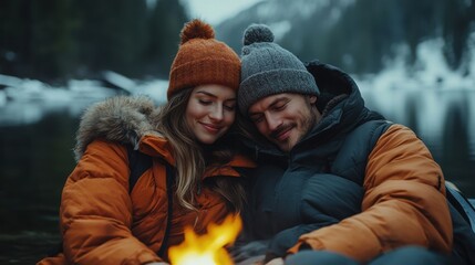 Fototapeta premium Smiling couple sitting by campfire in cozy winter forest, wearing warm clothes, enjoying nature, romance, outdoor camping, love, snow, peaceful retreat