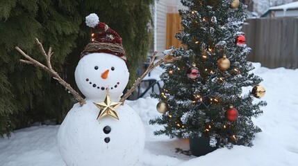 Obraz premium Snowman decorated christmas tree winter scene