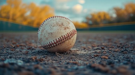 Old worn baseball resting on muddy ground at sunset, symbolizing sports nostalgia, perseverance, competition, outdoor games, childhood memories, and timeless moments
