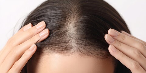 Naklejka premium A woman gently runs her fingers through her hair, examining her scalp for signs of thinning and hair loss. The focus is on her hands in a neutral backdrop, emphasizing the issue