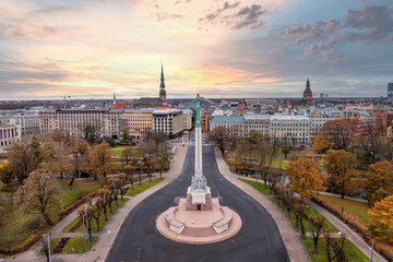 Aerial View of Riga with Freedom Monument and Autumn Foliage