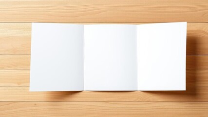 A mockup of a bifold brochure displayed on a wooden table with soft lighting, presentation, bifold brochure, empty