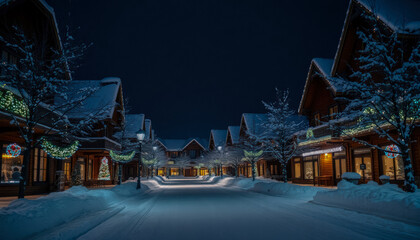Naklejka premium A delightful winter scene featuring a row of picturesque wooden houses adorned with twinkling Christmas lights.