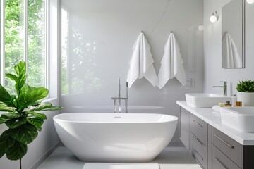 Fototapeta premium A modern bathroom featuring a sleek freestanding tub, natural light, and fresh greenery for a relaxing atmosphere.
