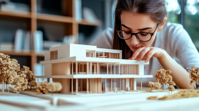 A group of undergraduate architecture students focuses intently on a scale model, discussing its design and features while working in a well-lit studio environment