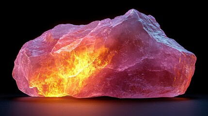 Glowing pink crystal rock on black background.