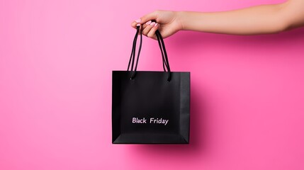 Black Friday Shopping Bag and Hand with Pink Sweater Highlighting Event