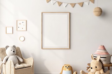 Nursery mockup featuring a blank vertical frame on a wall, rocking chair with a stuffed teddy, a large plush bear, and decor elements creating a serene and playful atmosphere