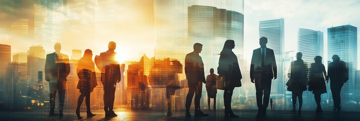 This captivating image features diverse business silhouettes set against a stunning cityscape as the sun sets, symbolizing achievement and ambition in the entrepreneurial landscape