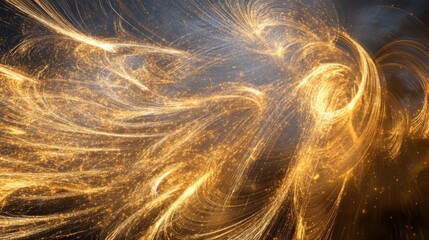 Abstract swirling golden sparkles on dark background