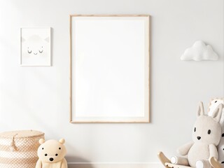 Nursery mockup featuring a blank vertical frame on a wall, rocking chair with a stuffed teddy, a large plush bear, and decor elements creating a serene and playful atmosphere